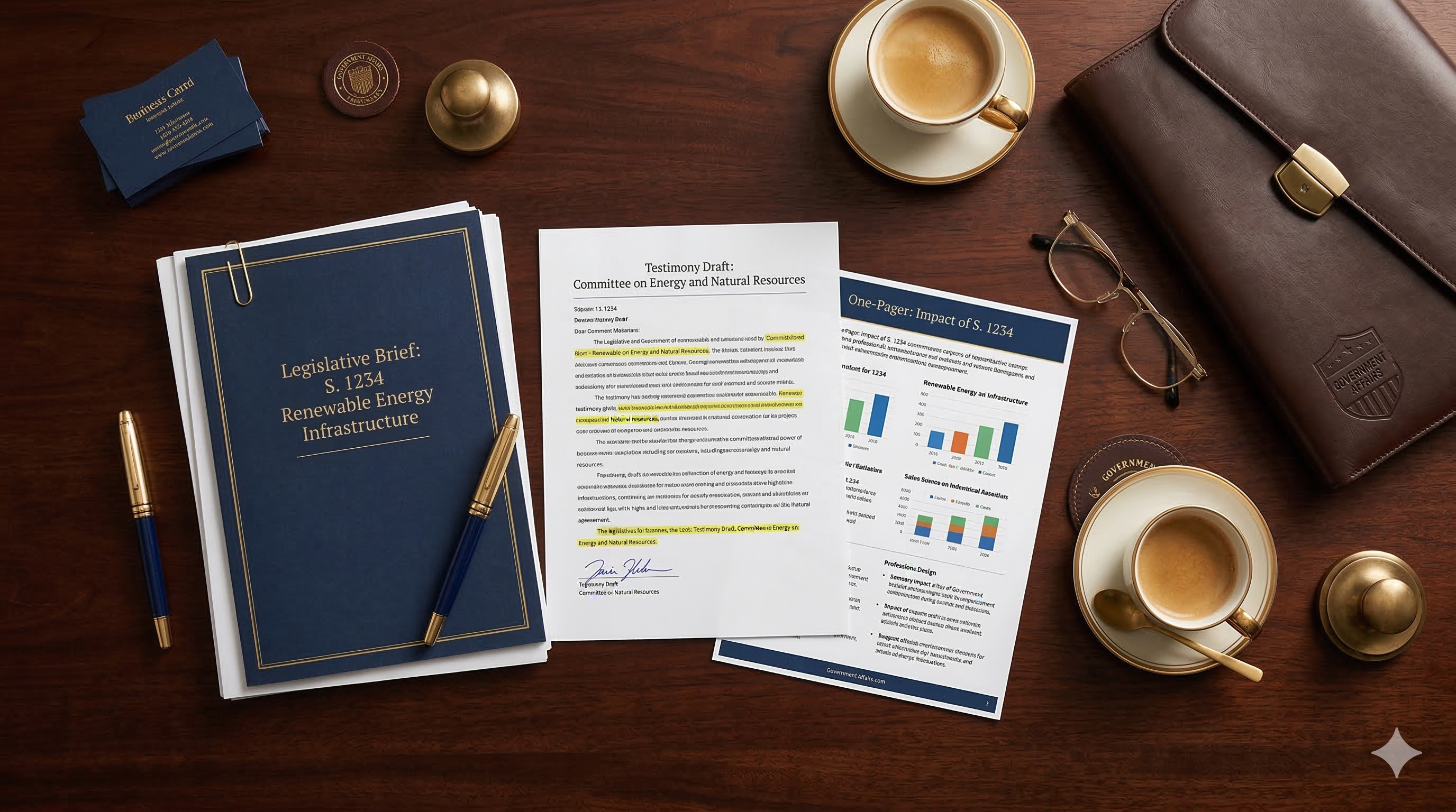 Legislative briefs and testimony drafts on a desk